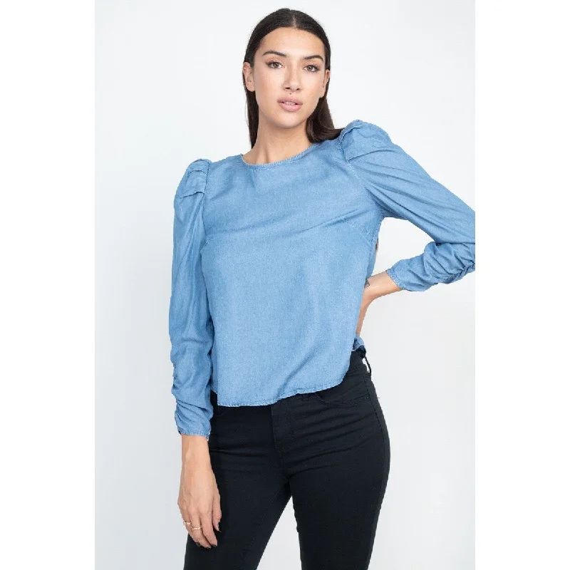 Medium-Wash Lyocell Shirring Puff Sleeves Denim Top