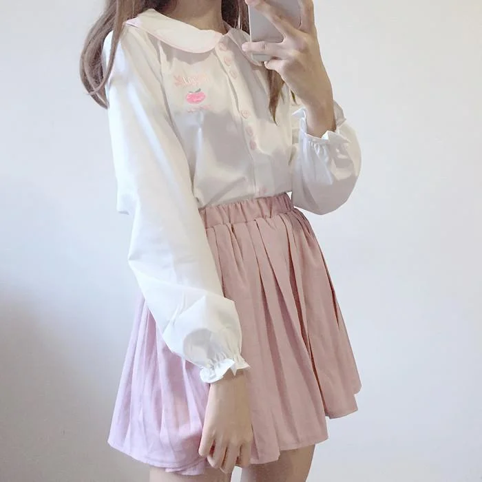 Peach Embroidered Peter Pan Collar Shirt