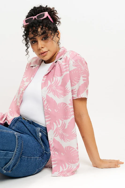 Pink Palm Leaf Print Women's Resort Shirt