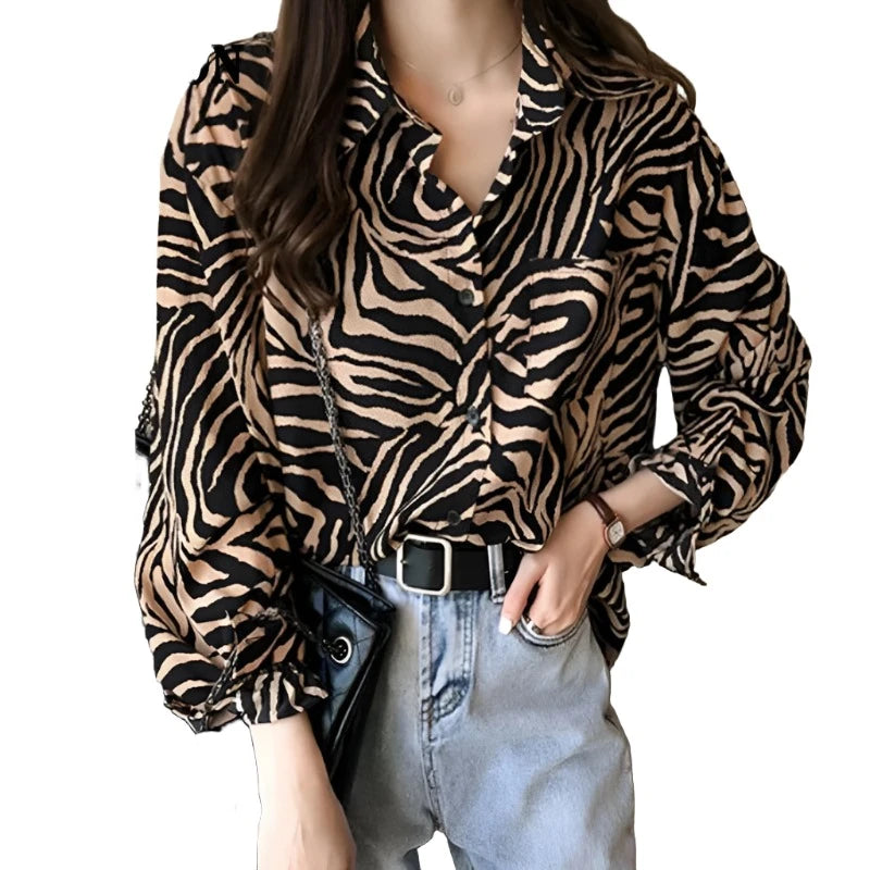 Vintage Womens Oversize Shirt Long Sleeve Loose Zebra Print Blouses Casual Streetwear Tops