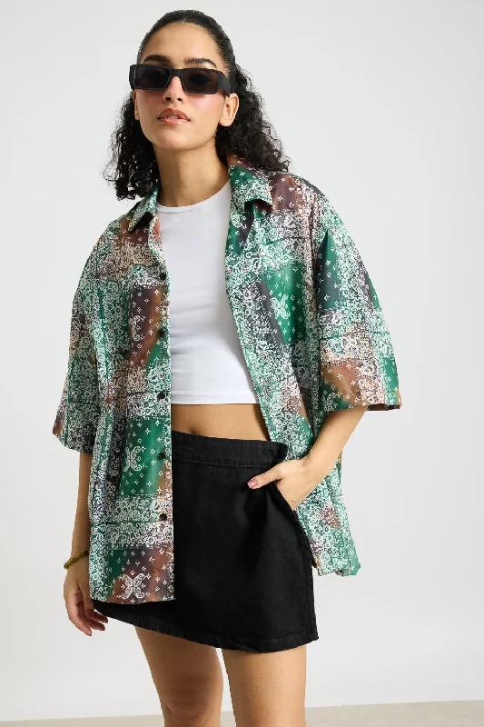 Green Multi Print Women's Resort Shirt