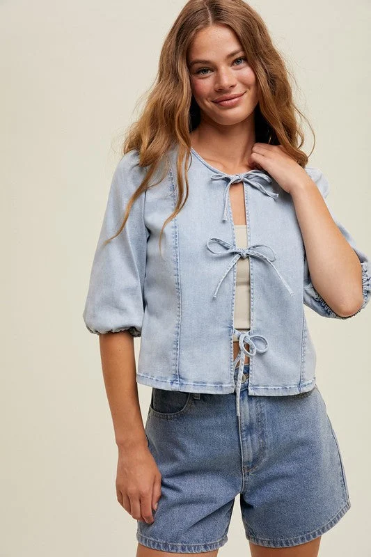 Self Front Tie Denim Top