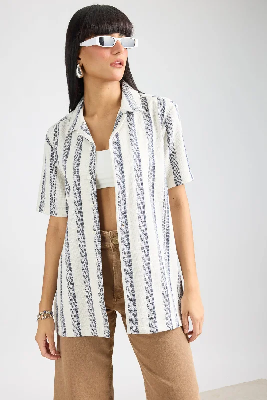 Textured Knit Women's Shirt-White/Navy Stripes