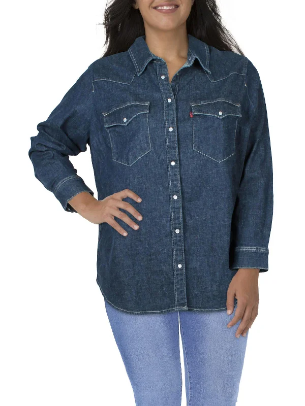 Plus Womens Denim Western Button-Down Top