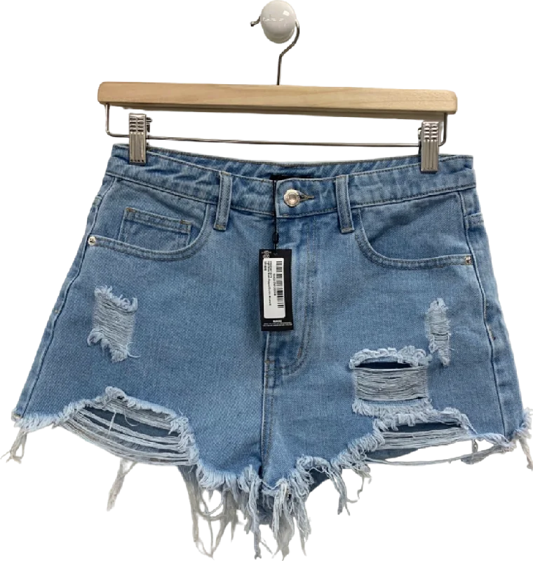 Pretty Little Thing Light Blue Wash Ripped Denim Shorts UK 8