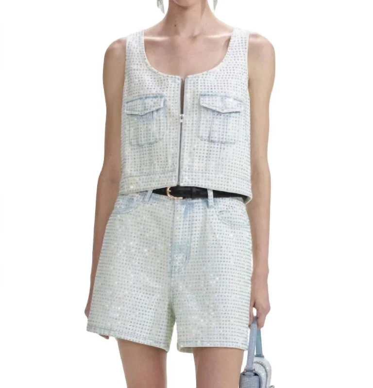 Rhinestone Denim Cargo Top In Light Blue