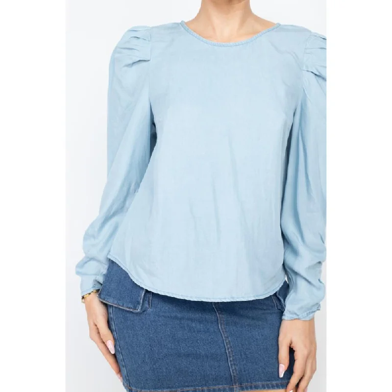 Shirring Puff Sleeves Denim Top