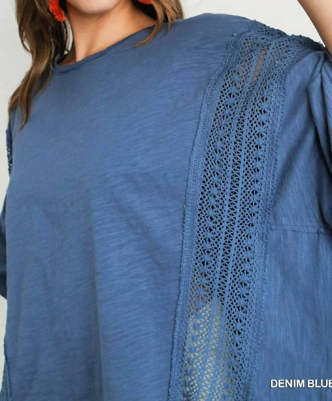 Slub Cotton Knit Poncho Top In Denim Blue