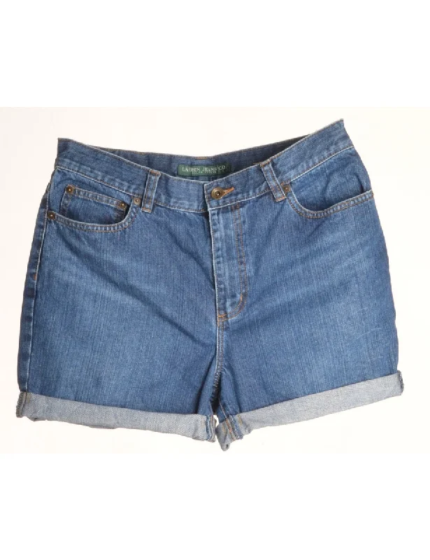 Label Rolled Hem Indigo Denim Shorts