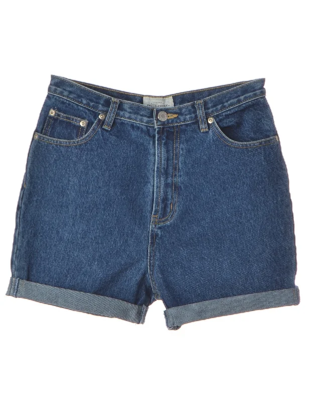 Label Rolled Hem Indigo Denim Shorts