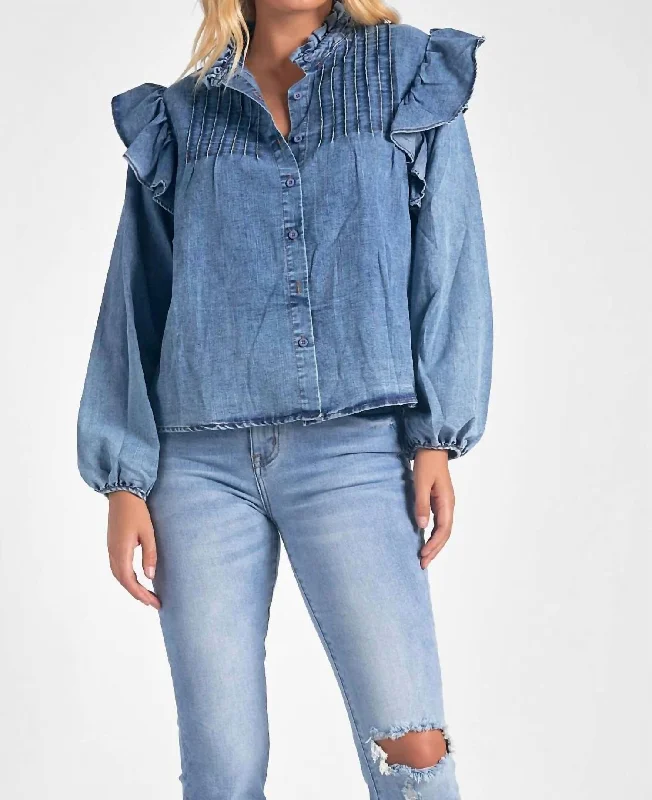 Denim Long Sleeve Ruffle Top In Blue