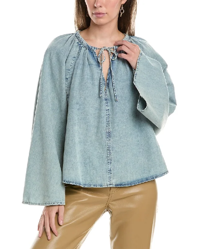 FRAME Denim Shirred Linen-Blend Blouse