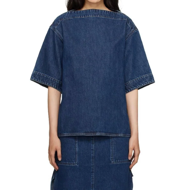 Dart Neck Denim Top In Dark Blue