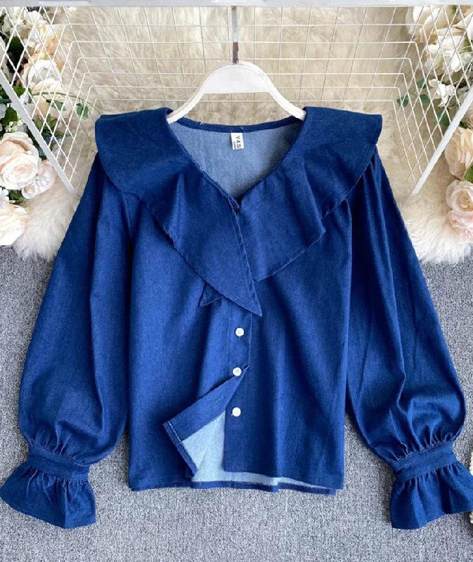 Sweet denim long-sleeved top cute blue lapel top  382