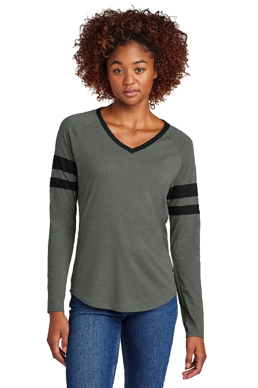 Sport-Tek Womens Halftime Stripe Long Sleeve V-Neck T-Shirt - Black/Heather Vintage Grey - COMING SOON