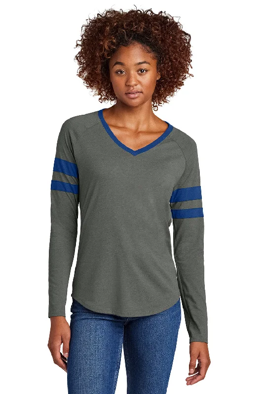 Sport-Tek Womens Halftime Stripe Long Sleeve V-Neck T-Shirt - True Royal Blue/Heather Vintage Grey - COMING SOON