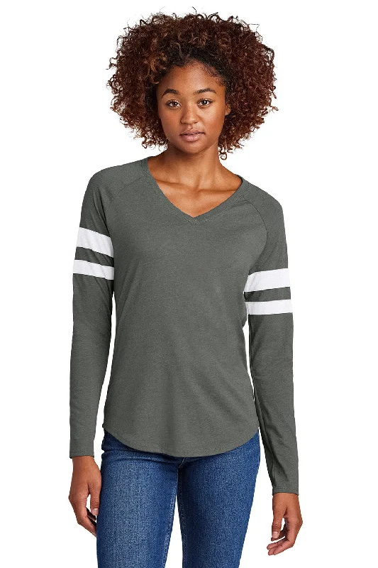 Sport-Tek Womens Halftime Stripe Long Sleeve V-Neck T-Shirt - White/Heather Vintage Grey - COMING SOON