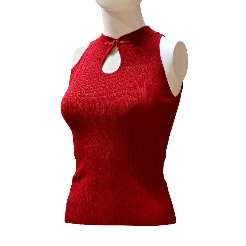 Sleeveless Qipao Top with Keyhole Neckline and Pankou Button - Red