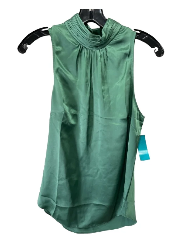 5a7 Cinq a Sept Size S Green Silk Sleeveless Mock Neck Gathered Detail Top