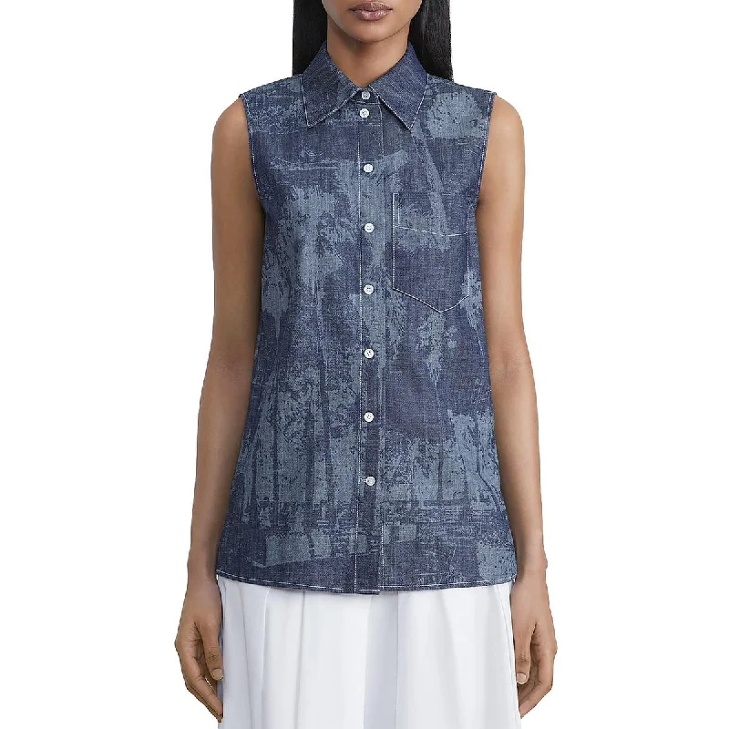 Womens Collar Sleeveless Button-Down Top