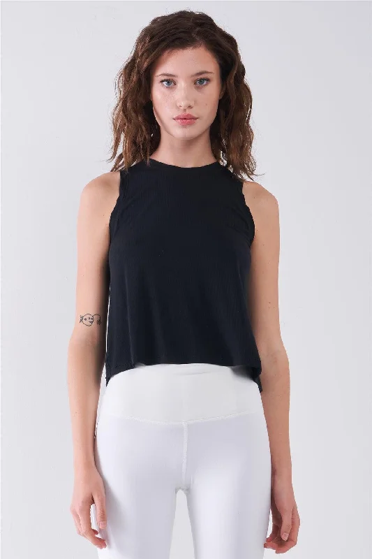 Black Sleeveless Crew Neck Ribbed Split Back Top