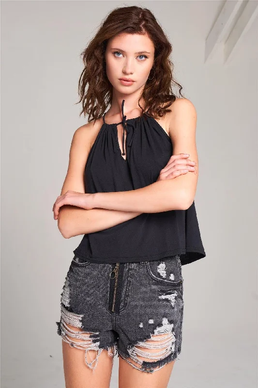 Black Sleeveless Halter Neck Self-Tie Front Drawstring Loose Fit Top