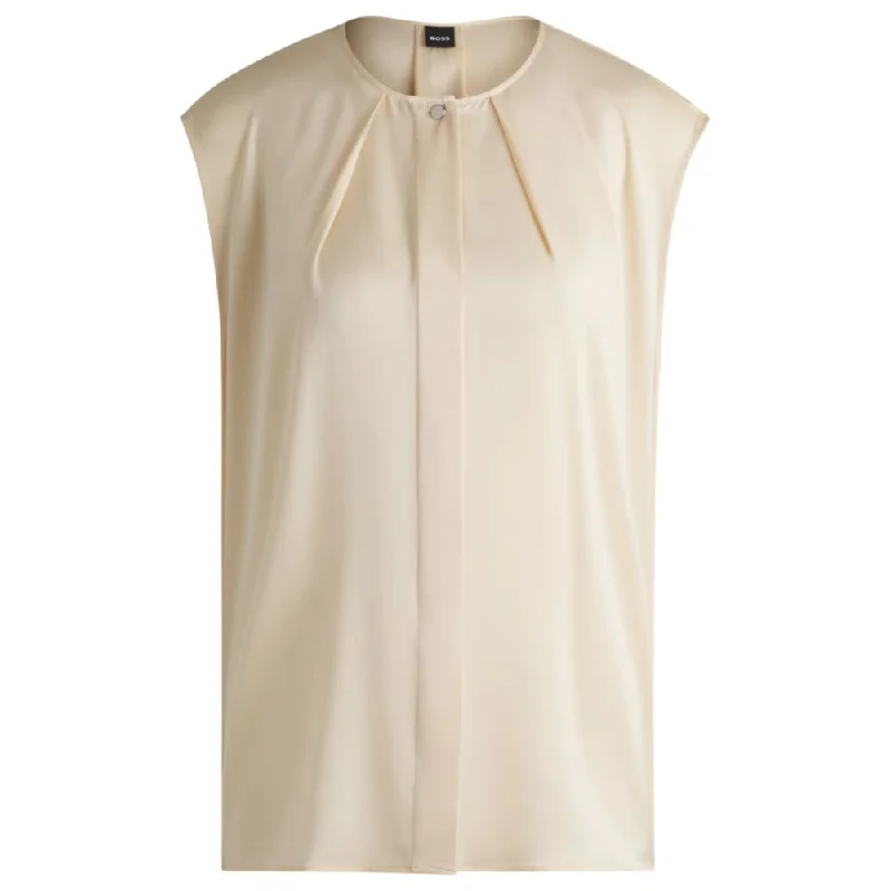 Fitted sleeveless blouse in stretch silk with concealed placket