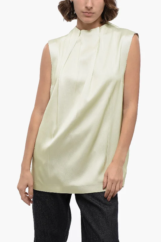 Jil Sander Sleeveless Silk Blend Blouse With Pleated Design