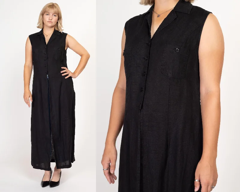 Large 90s Black Linen Sleeveless Maxi Top