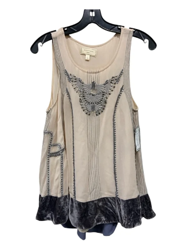 Moulinette Soeurs Size S Beige & Gray Viscose Sleeveless Embroidered Beaded Top