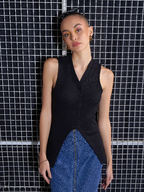 Women Black Rib Front Button Sleeveless Top