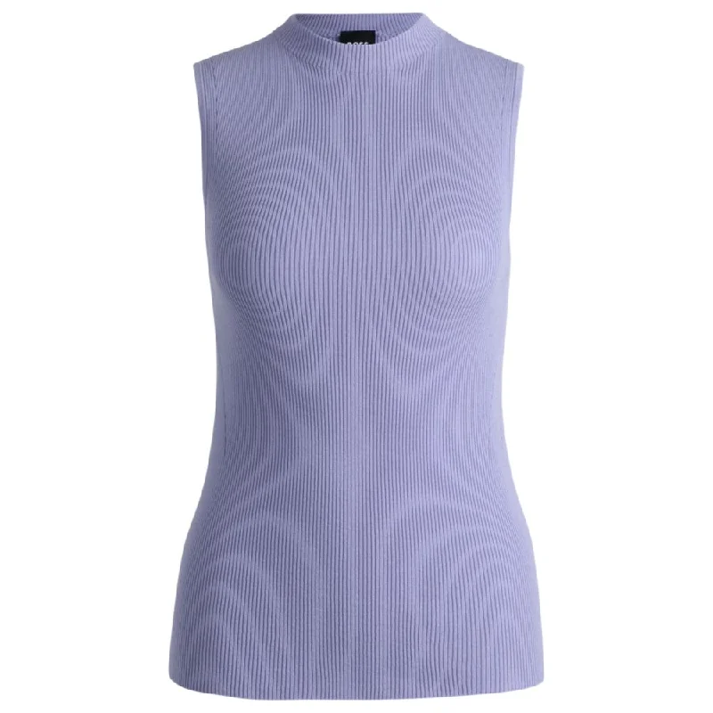 Sleeveless mock-neck top in ribbed fabric