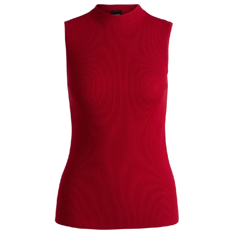 Sleeveless mock-neck top in ribbed fabric