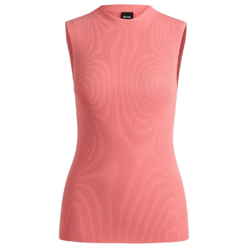 Sleeveless mock-neck top in ribbed fabric