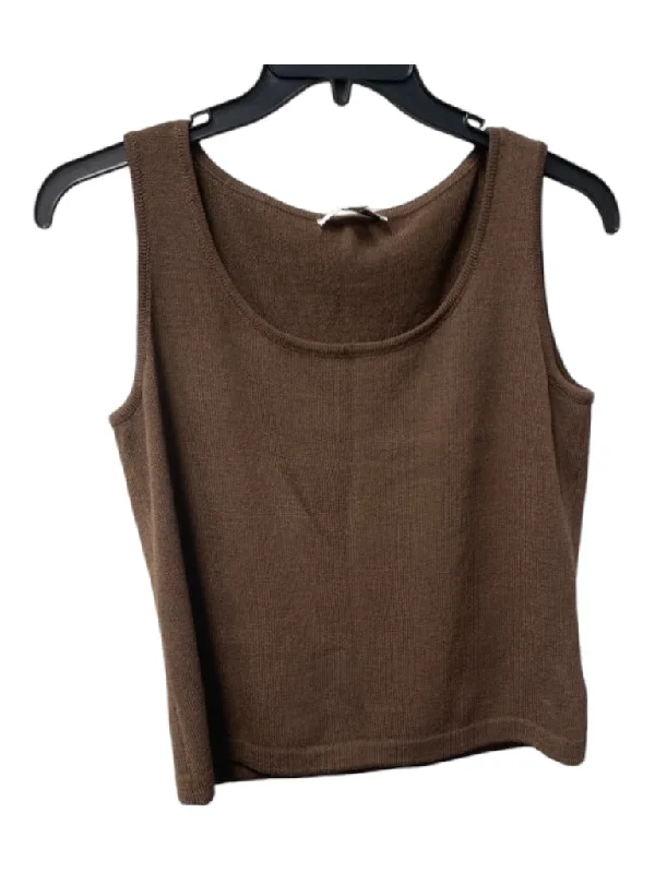 St John Size M Chocolate Knit  Accordion Pleat Scoop Neck Sleeveless Top