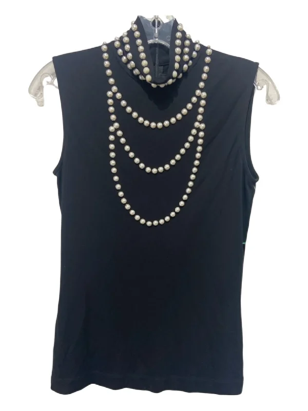 St John Size P Black & Cream Rayon Blend Sleeveless Pearl Detail Back Zip Top