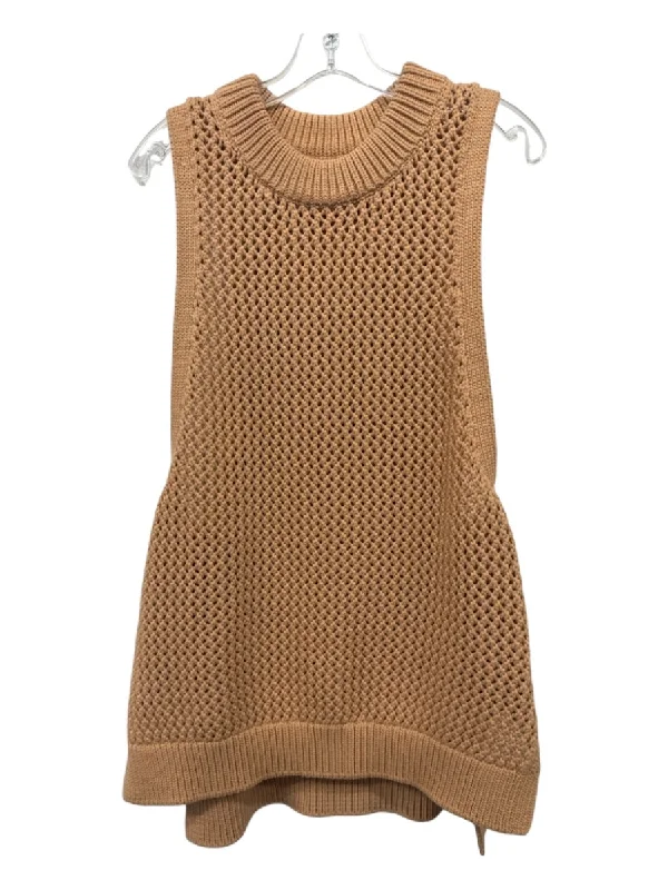 Tibi Size L Tan Cotton Blend Open Knit Crew Neck Sleeveless Side Slits Top