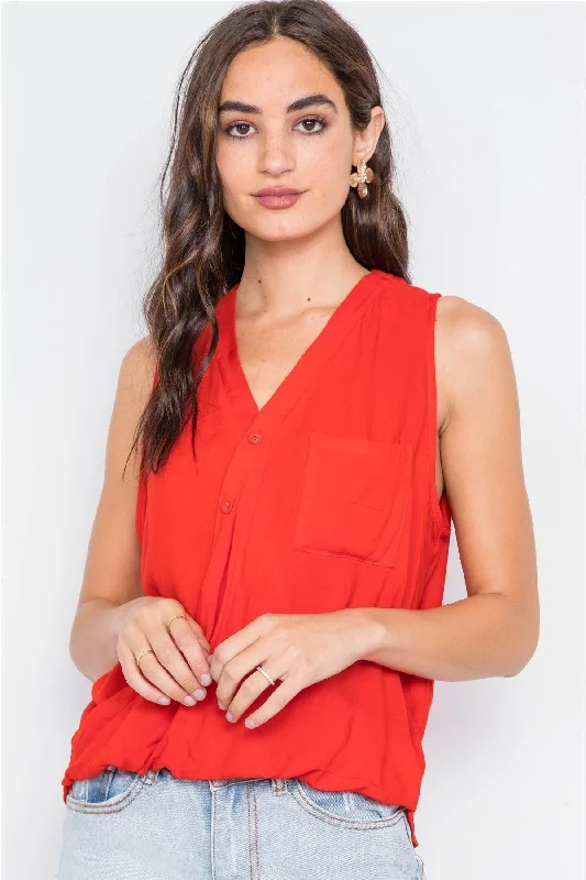 Tomato Surplice Neck Button Front Sleeveless Top