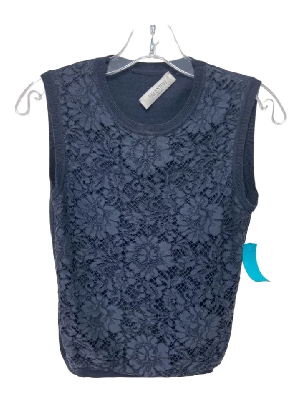 Valentino Size S Navy Wool Blend Floral Lace Sleeveless Ribbed Trim Top