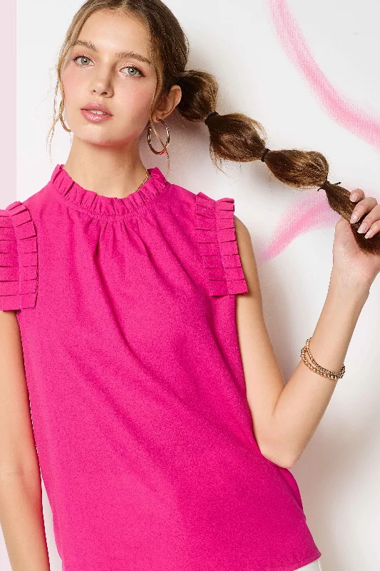 Fuchsia Ruffled Neck Sleeveless Top