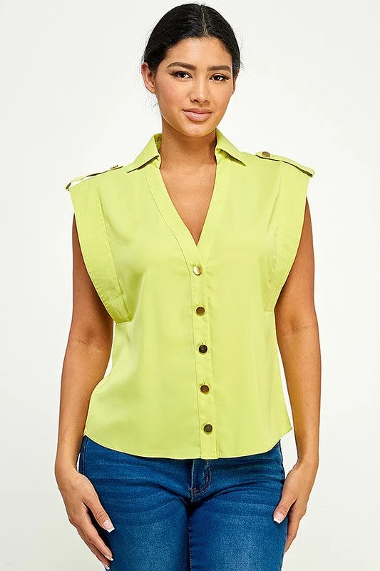 Lime Sleeveless Top With Collar And Button Placket