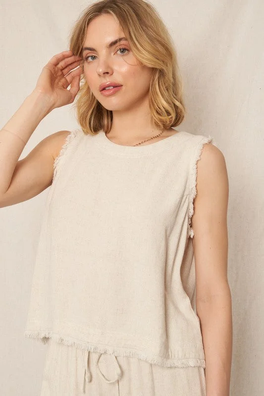 Natural Back Button Detail Sleeveless Top