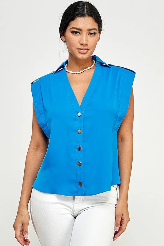 Cerulean Blue Sleeveless Top With Collar And Button Placket