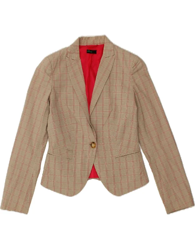 BENETTON Womens Loose Fit 1 Button Blazer Jacket UK 6 XS  Beige Check