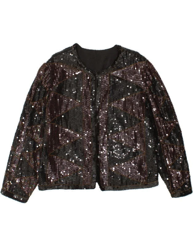 VINTAGE Womens Sequin Blazer Jacket UK 14 Large Black Viscose